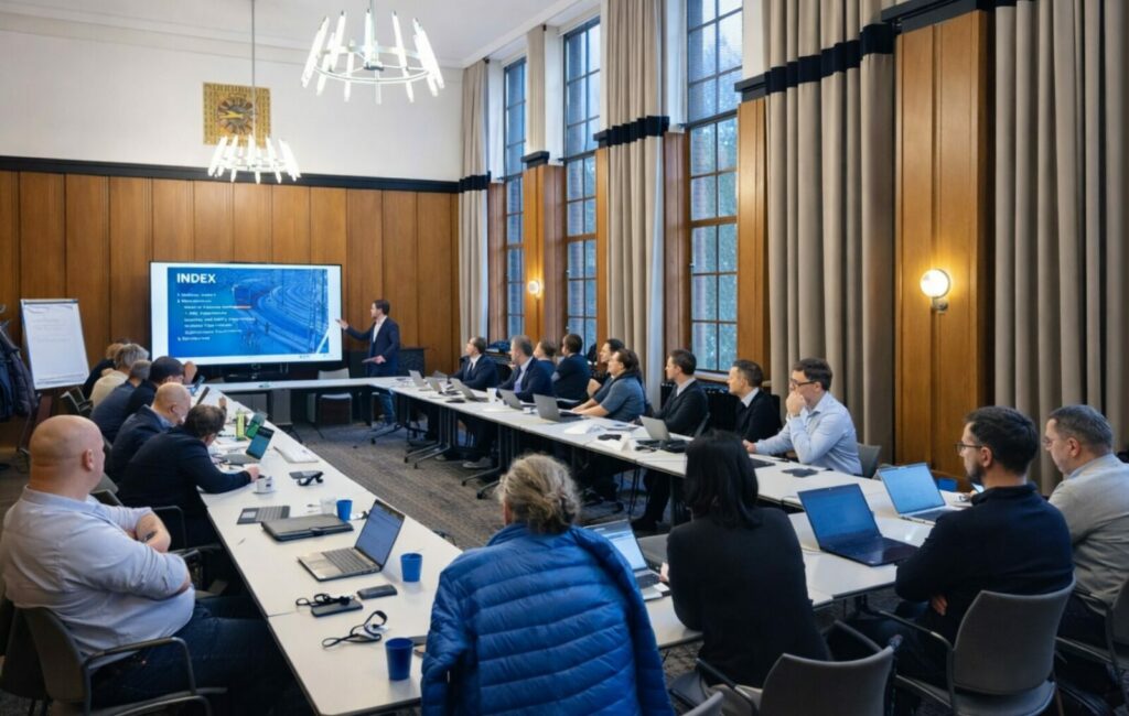 meeting participants seated in a large meeting room, following a presentation