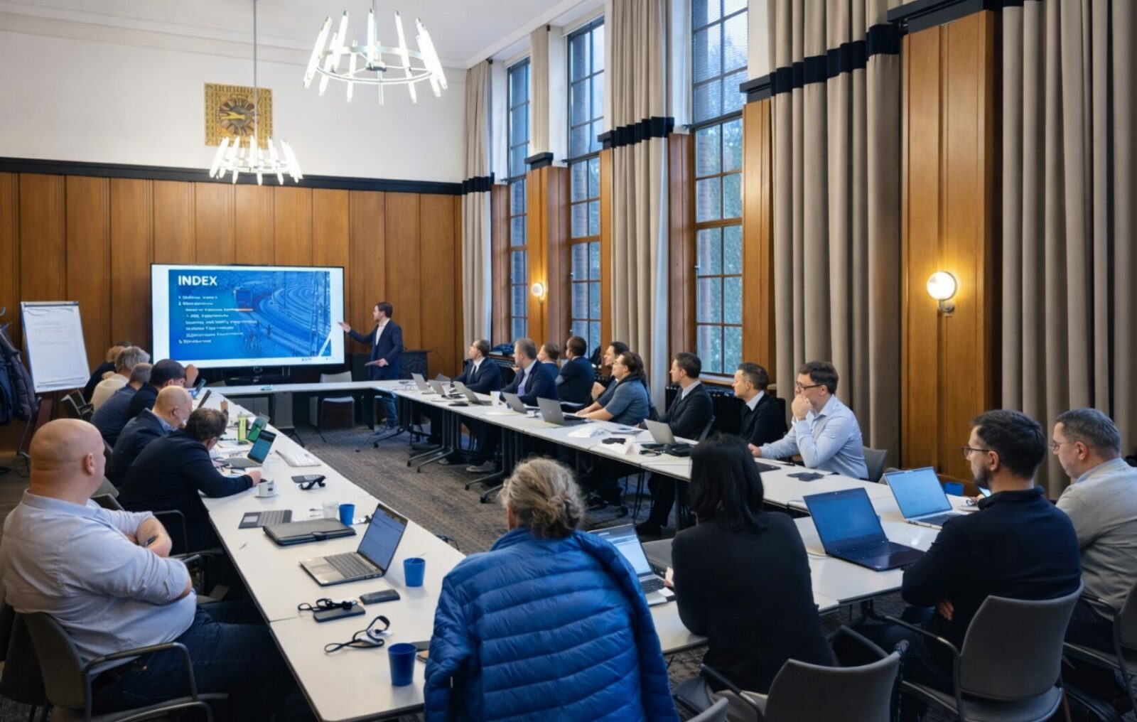 meeting participants seated in a large meeting room, following a presentation