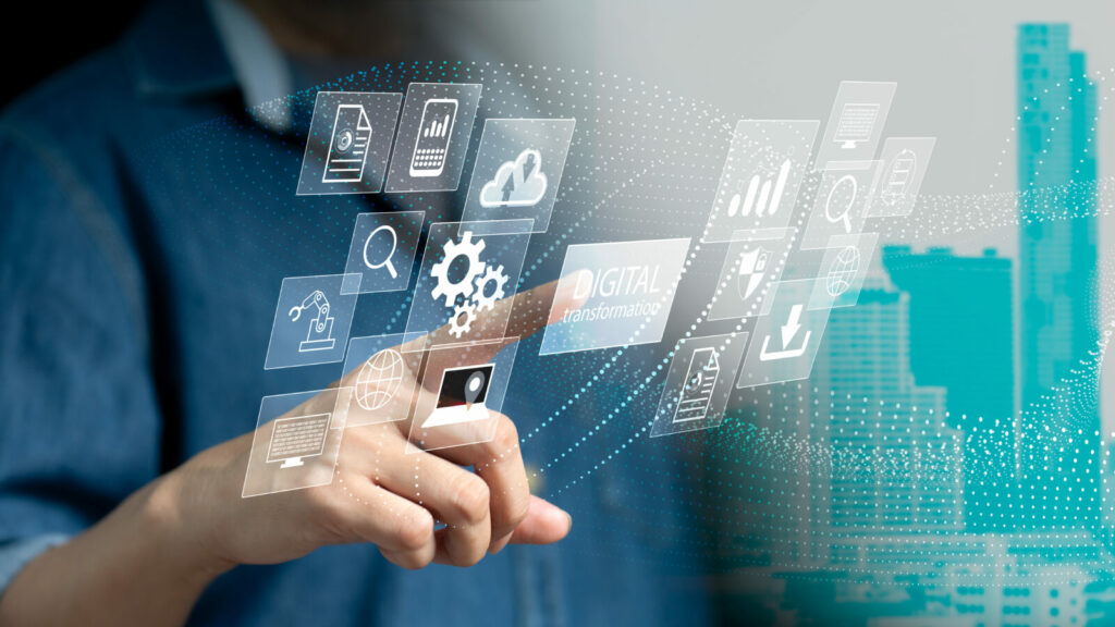 visual of a finger pointing towards icons depicting cloud computing.