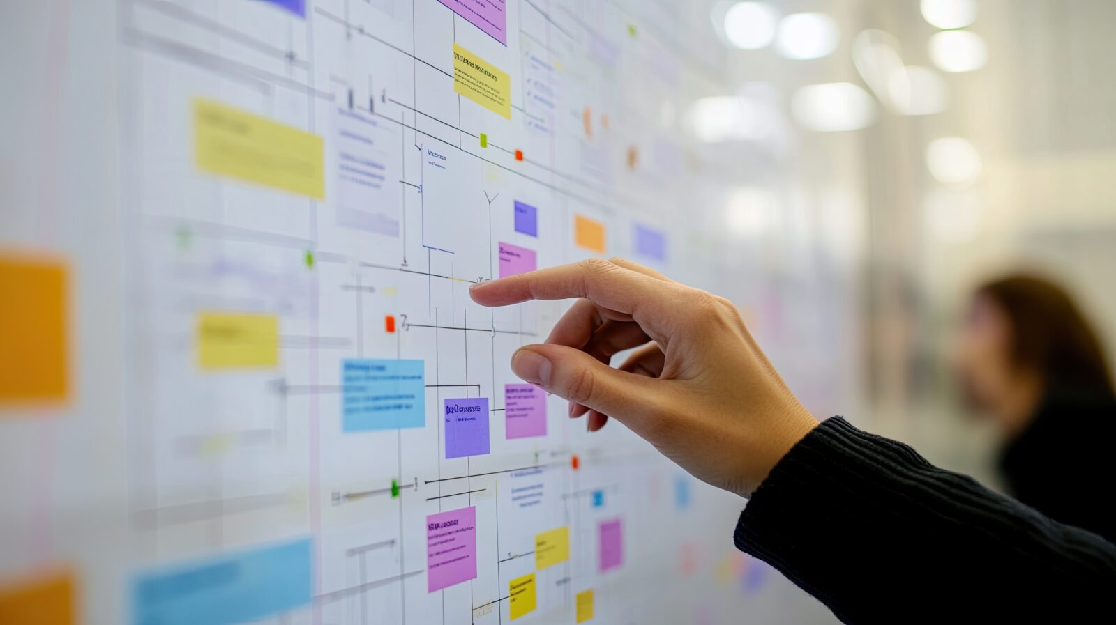 New European Transport Market Study (ETMS) Methodology presented at the European Transport Corridors (ECT) Fora. Picture visualising strategy: A hand interacts with a task management board in progress with sticky notes