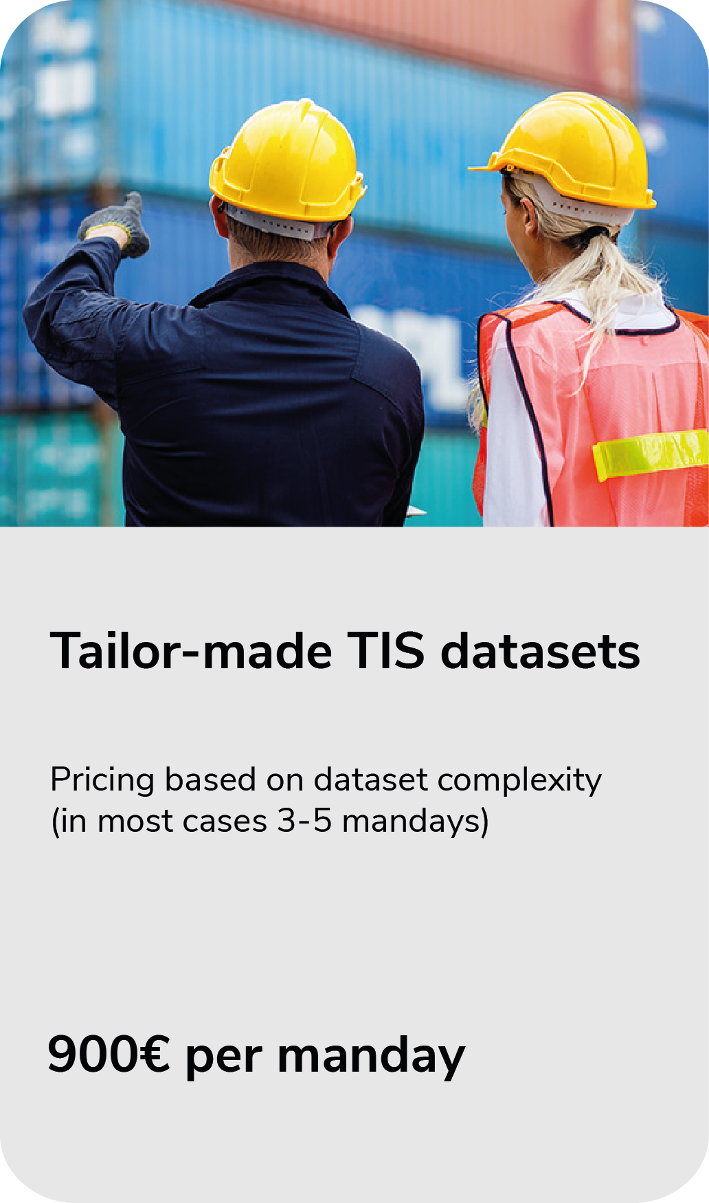 Split picture: on top 2 rail workers with yellow helmets, one is pointing towards freight containers with their back to the camera. At the bottom a grey box with the text: Tailor-made TIS databsets. Pricing based on dataset complexity (i most cases 3-5 mandays) 900 Euro per manday.