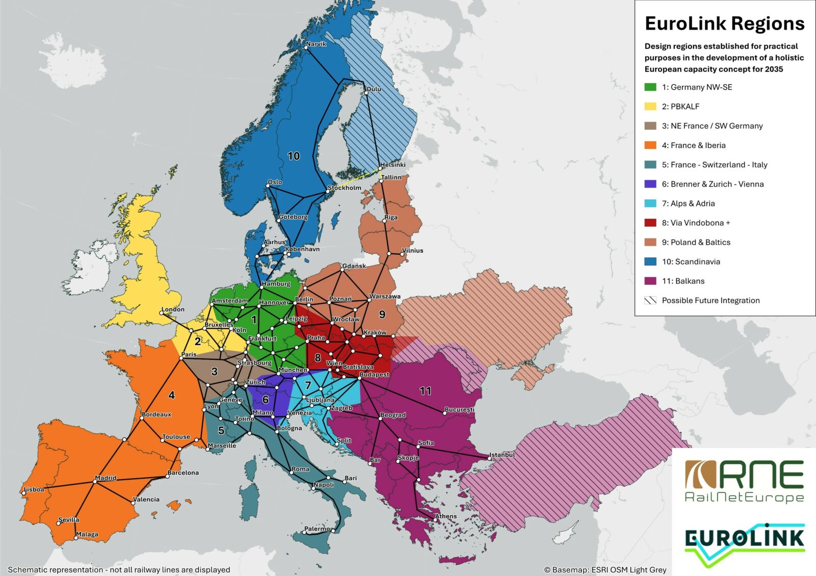 Map of Europe with the regions covered by EuroLink coloured.