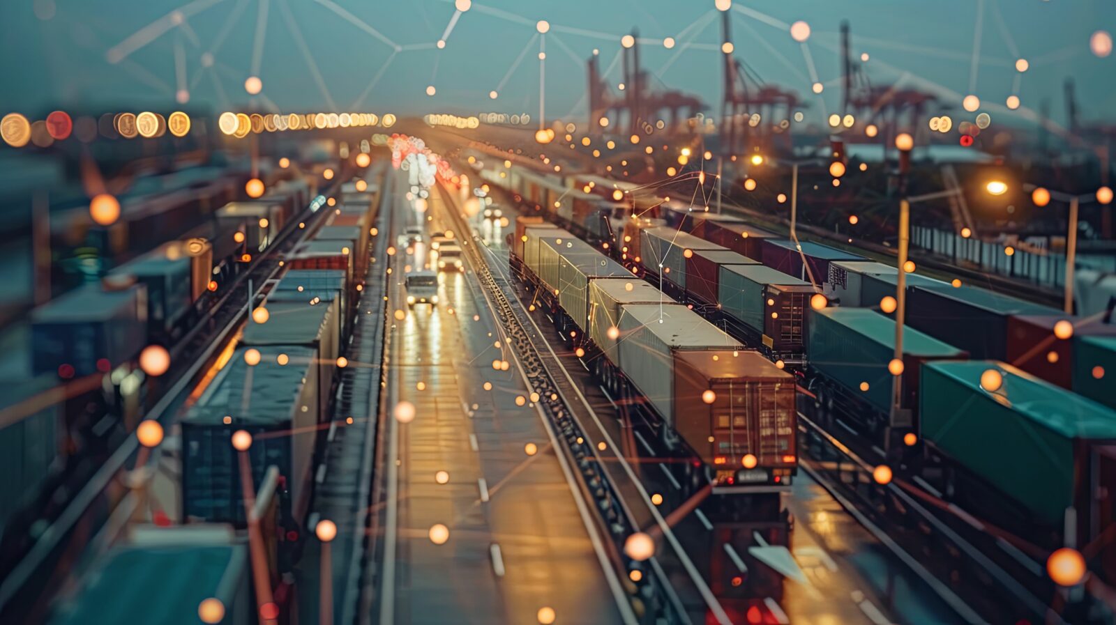 Cargo Containers and Trucks Connected by Abstract Network Lines at Dusk