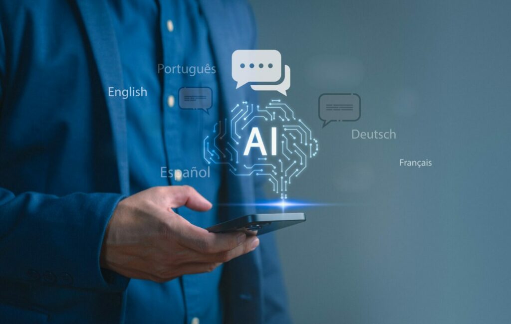 Man holding smartphone with glowing AI icon and multiple world languages, representing artificial intelligence translation, communication, multilingual technology, and digital innovation.