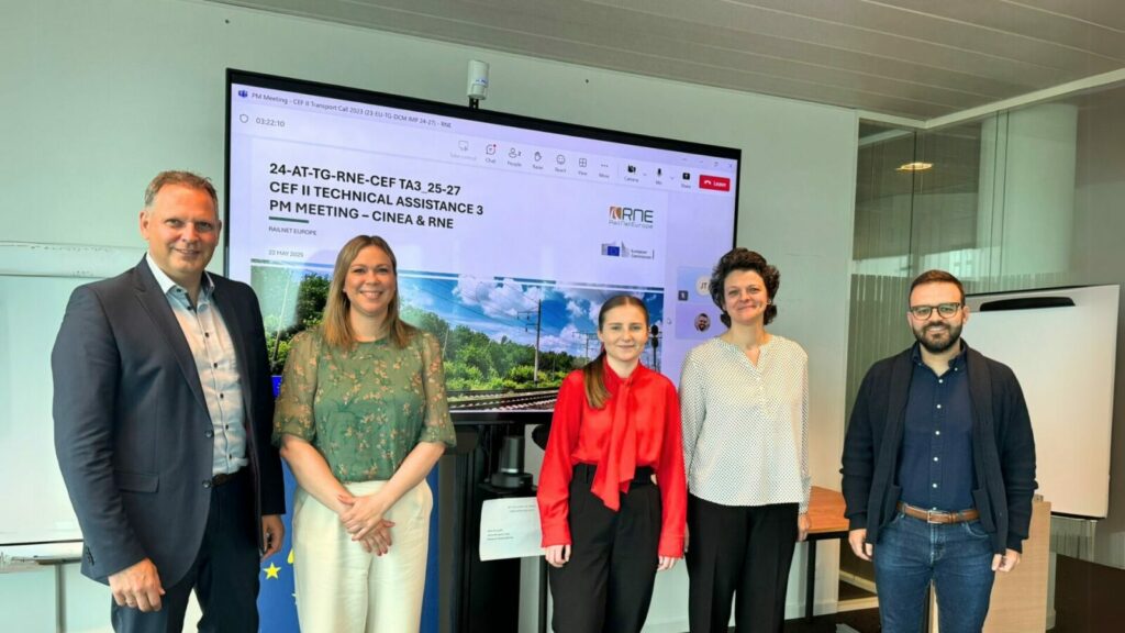 Funding in Brussels May 2025. Picture of (from left to right) Harald Reisinger, Eva Weber, Justyna Tarnowska, Nataliya Gudz (all from the RNE Funding and Finance Team) and Panagiotis Bismpas (CINEA Project Advisor)